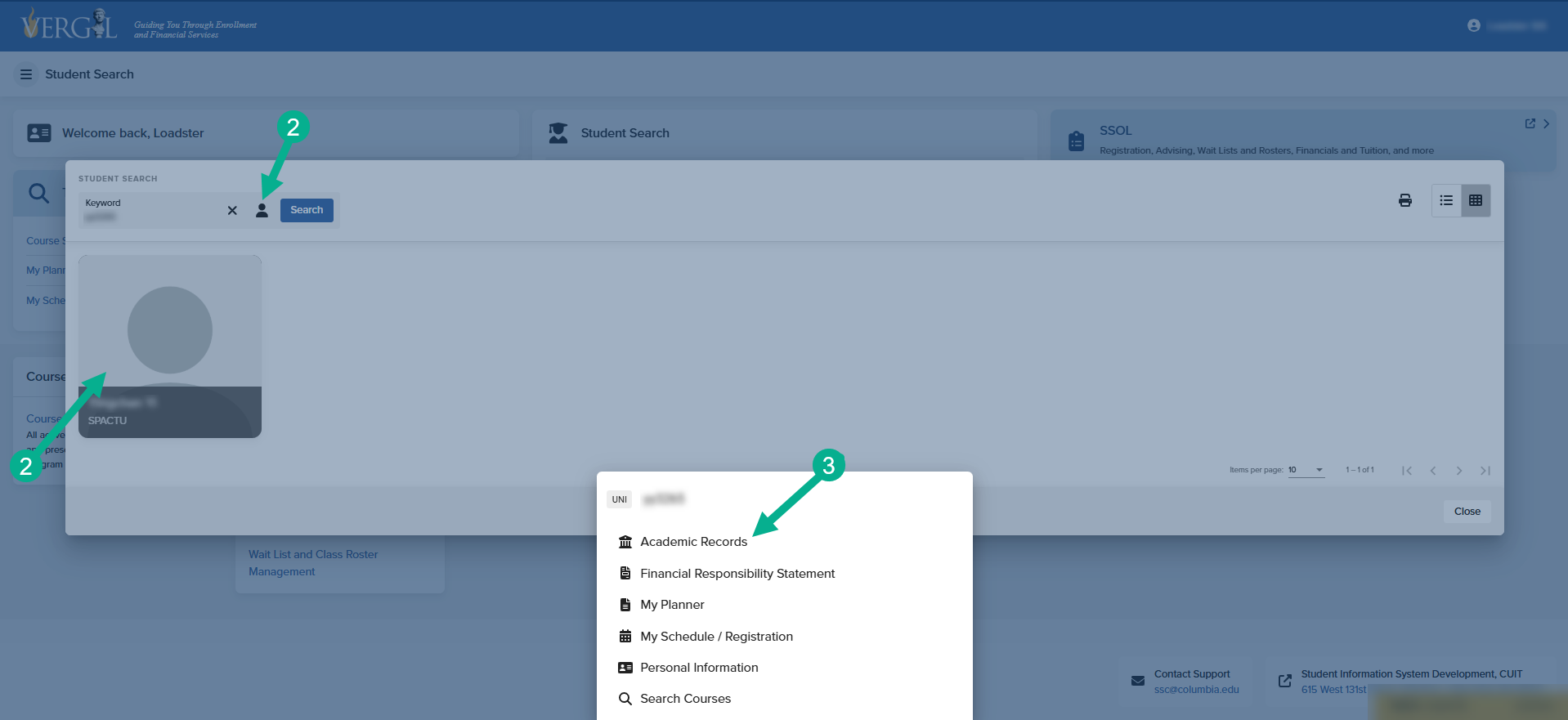 Navigate to Academic Records From the Dashboard the green arrows highlight which buttons to click to open the navigation window at the base of the page where users can click 'Academic Records'