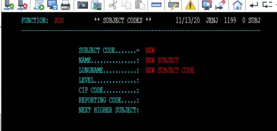 SUBJ Screen - Adding a new Subject