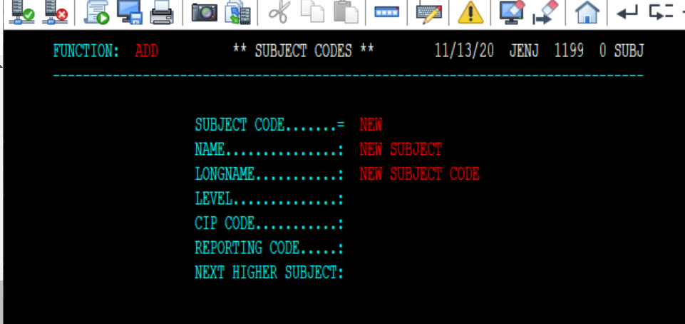 SUBJ Screen - Adding a new Subject