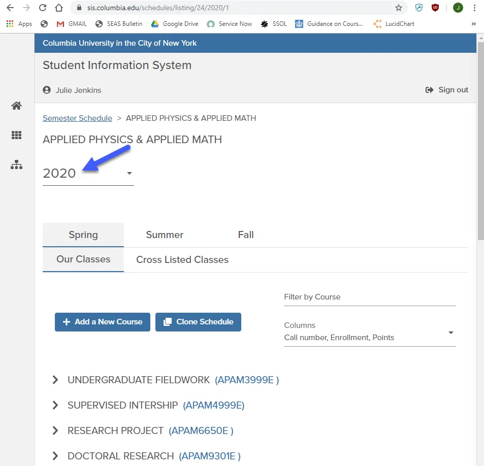 Image of the APAM Semester Schedule showing Spring 2020 term.
