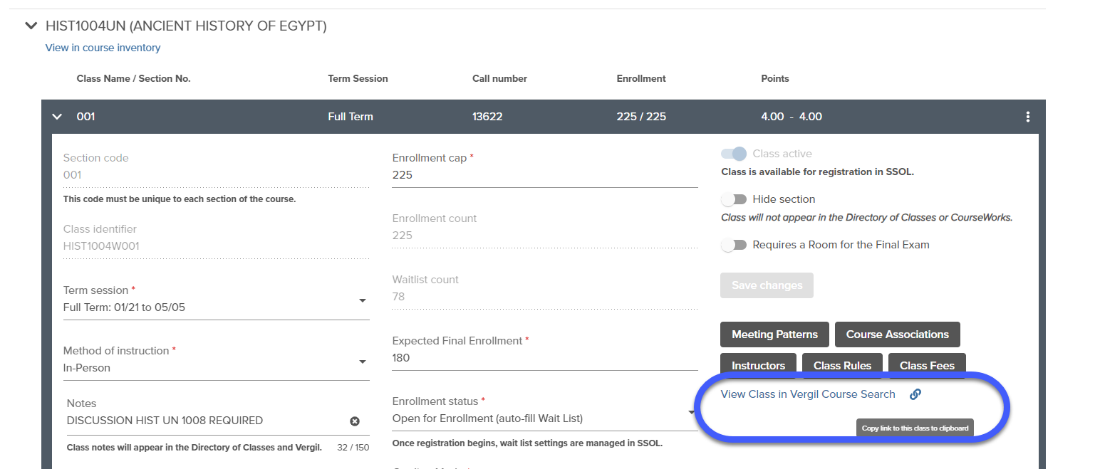 Image showing how to find a shareable link from within the Class Schedule