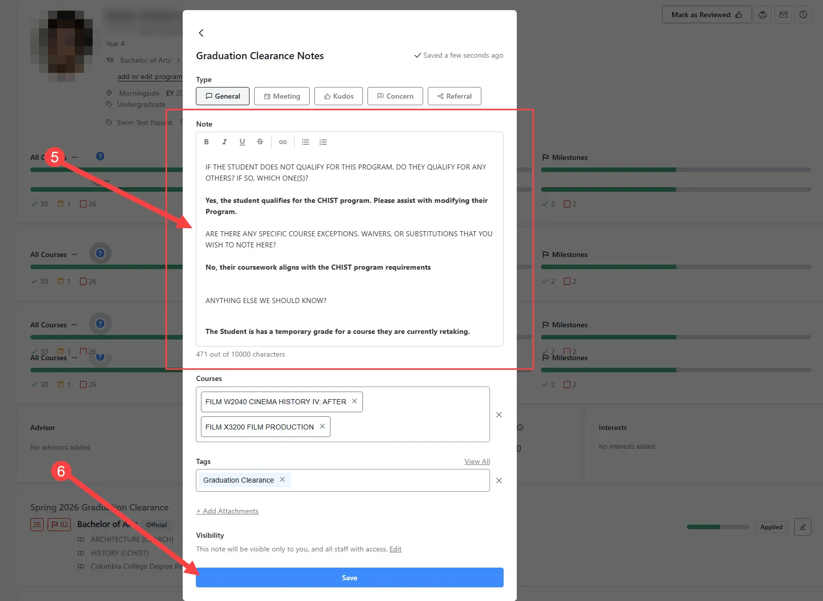 The final steps to apply notes to a student audit