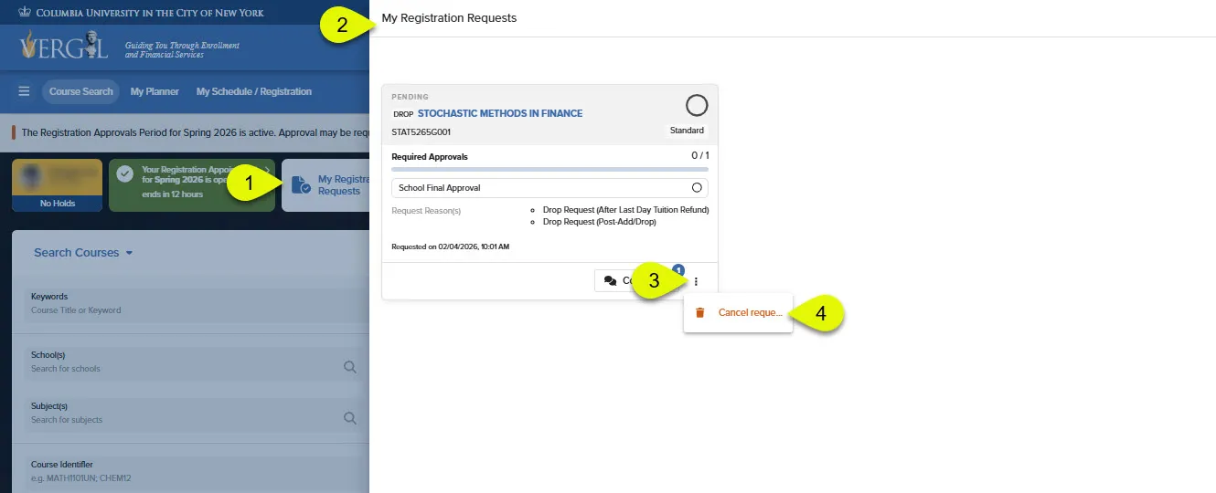 How to Cancel Requests in the My Registation Request dashboard. Bright Neon Yellow markers denoting the steps to access the dashboard, display the cancel button, and complete the action. 