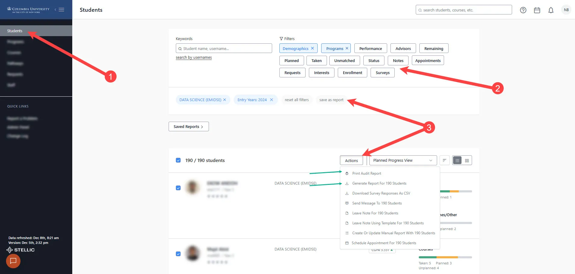 This image contains the steps to create, print, and export a student report with specific criteria. 