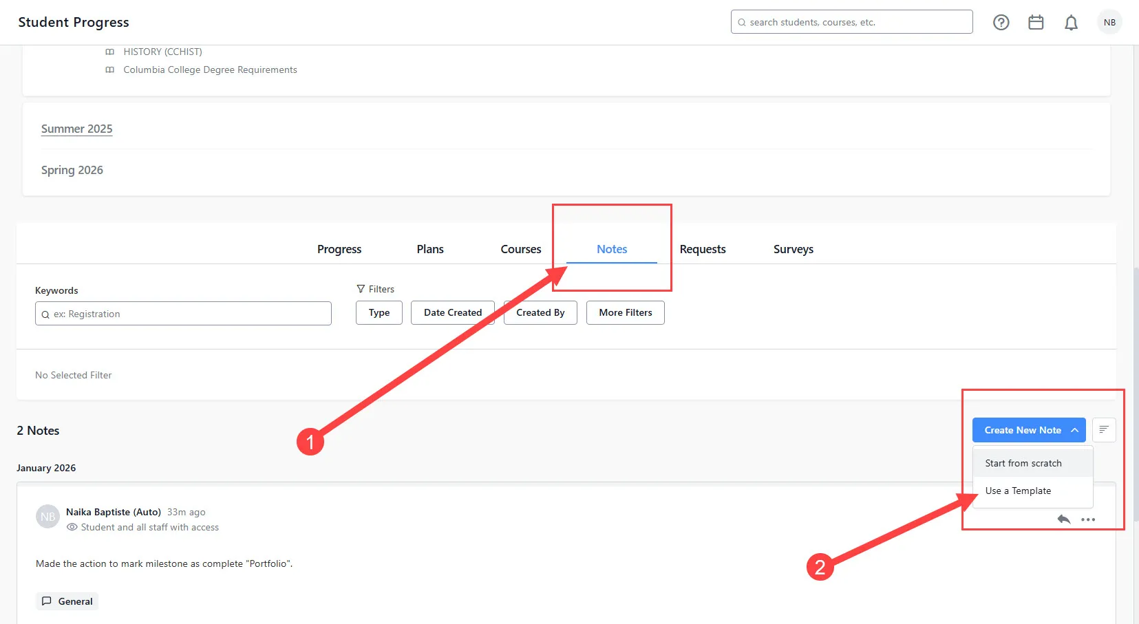 Instructions on where to locate the Notes functionality 