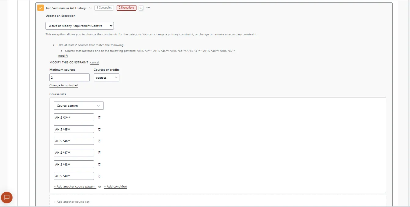 This is the "Waive or Modify Requirement Constraint window where admins can change a program constraint, one of the audit’s rules