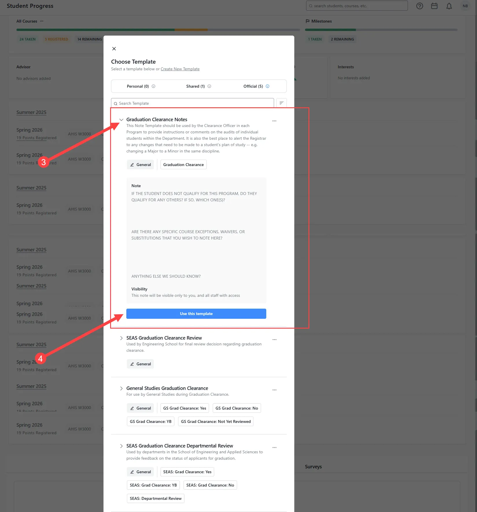 This image contains the template options and illustrates the steps to select them 