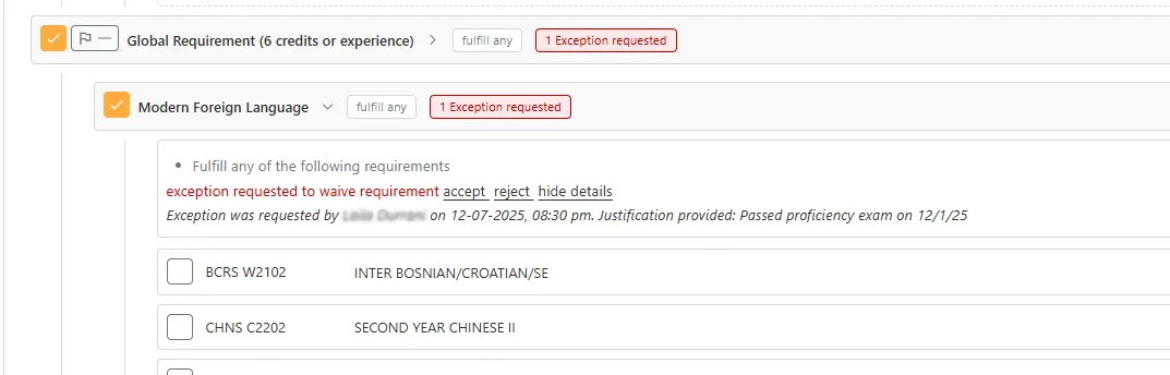 This image highlights the Student-Initiated Exceptions Request process. 