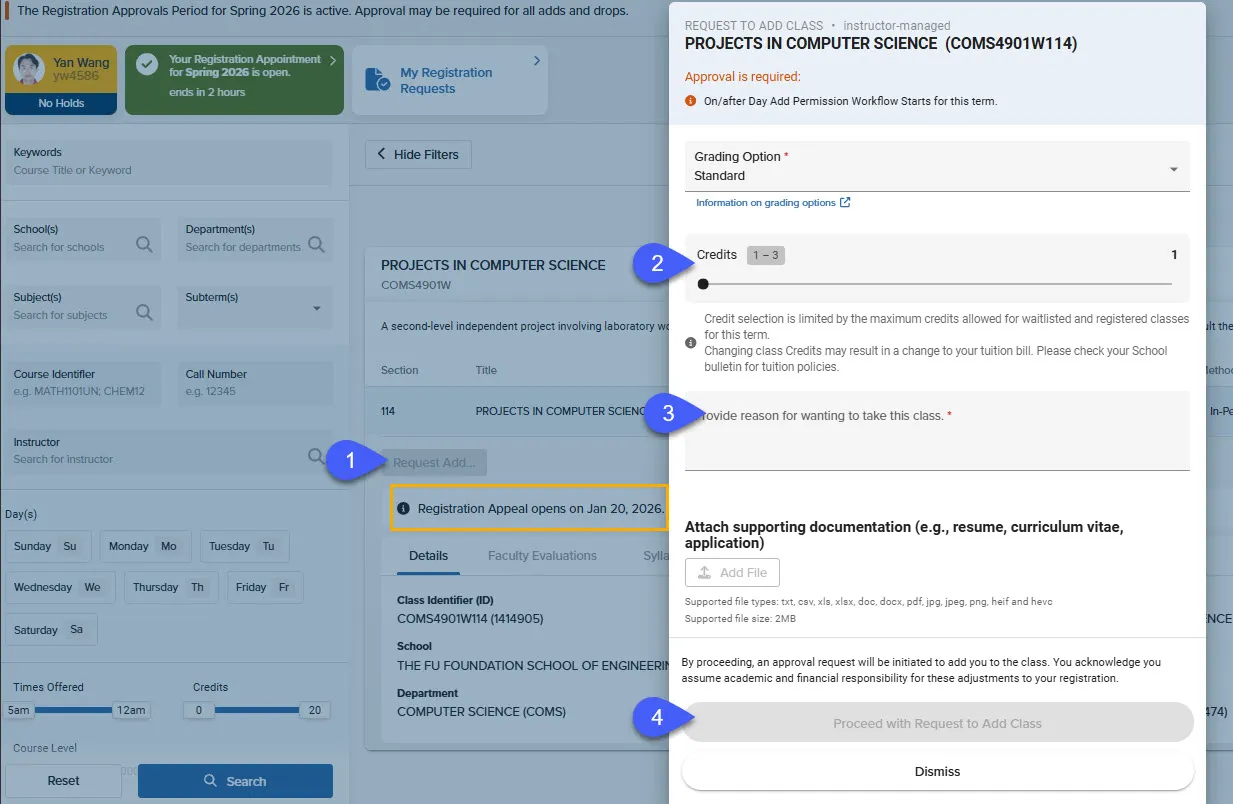 Instructions on requesting to Add and the Add Request window 