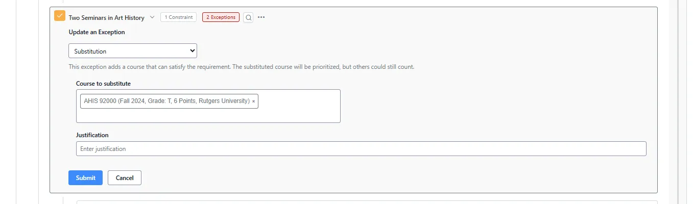 The Course Substitution window when a course is selected and applied to the student's schedule. 