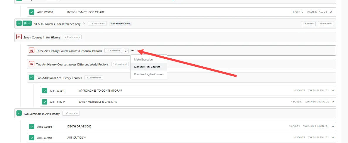 This image illustrates the steps to apply an exception or manually select courses.