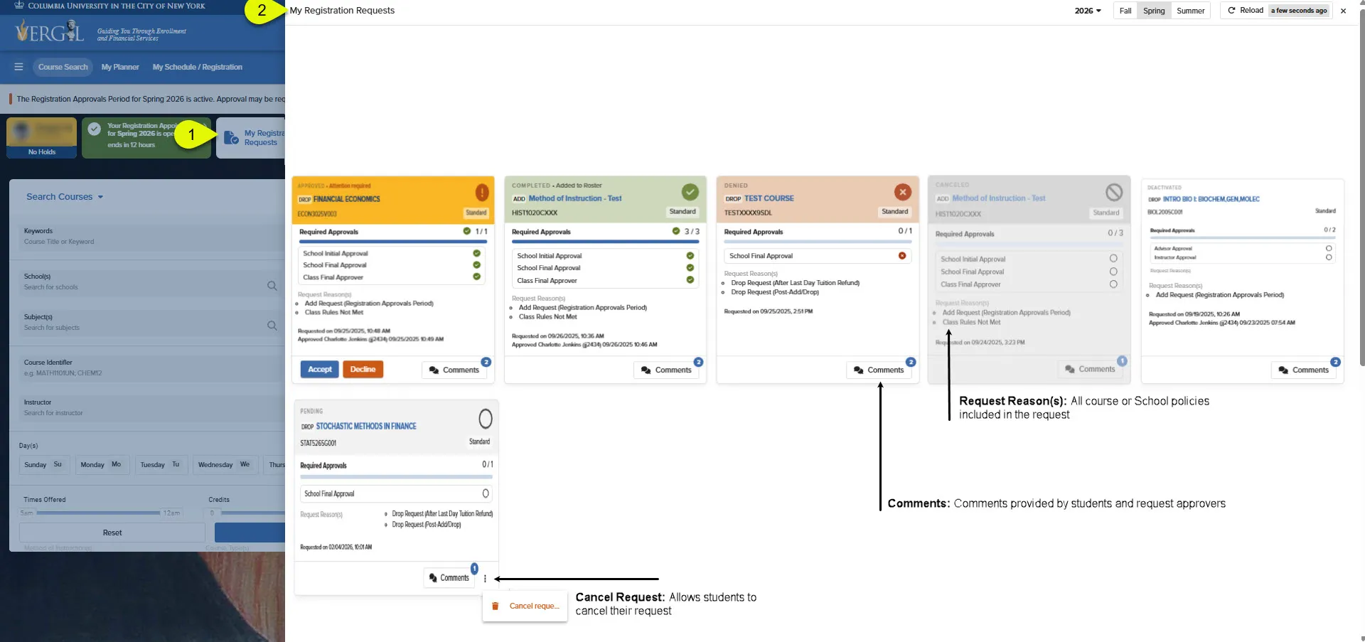 An image highlighting the contents of the My Registration Request Log and how to access it 