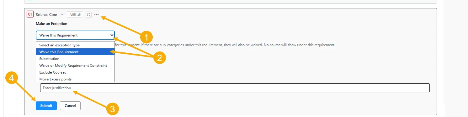 This image illustrates the steps to applying a course waiver