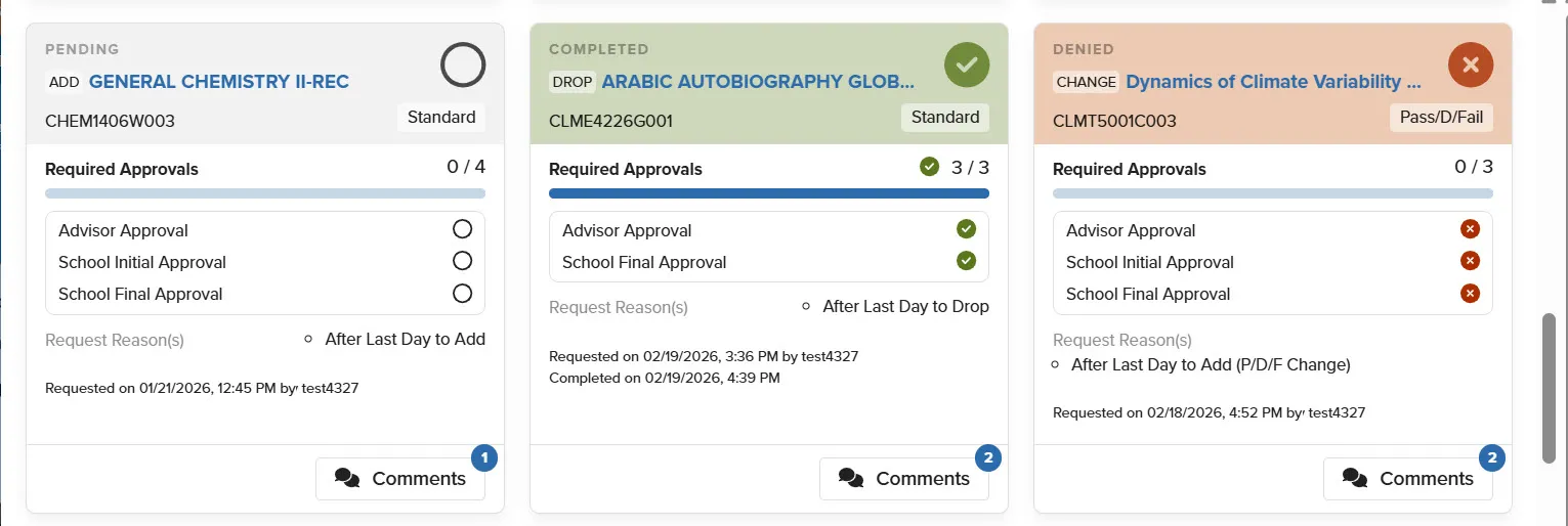 The Student Dashboard view Petition requests submitted on their behalf 