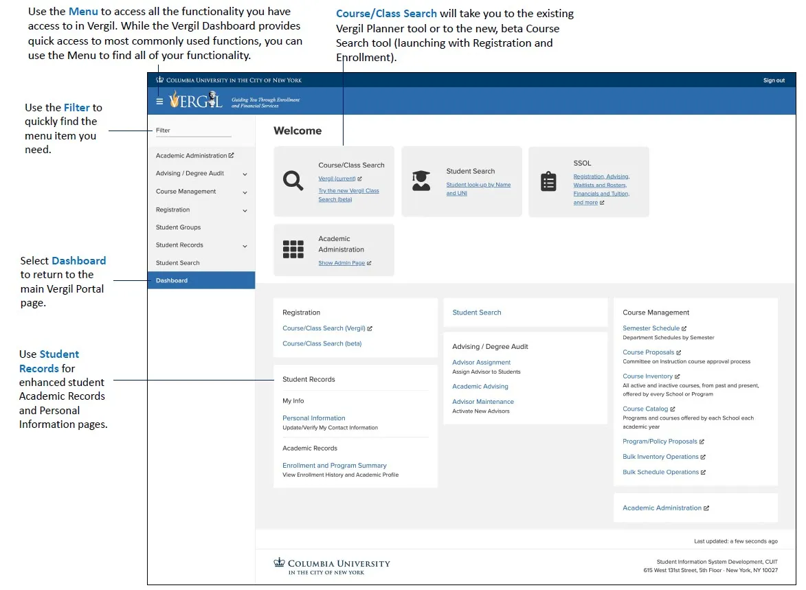 Administrative Dashboard and landing page for Vergil Student Information System. Shows links available to administrators.
