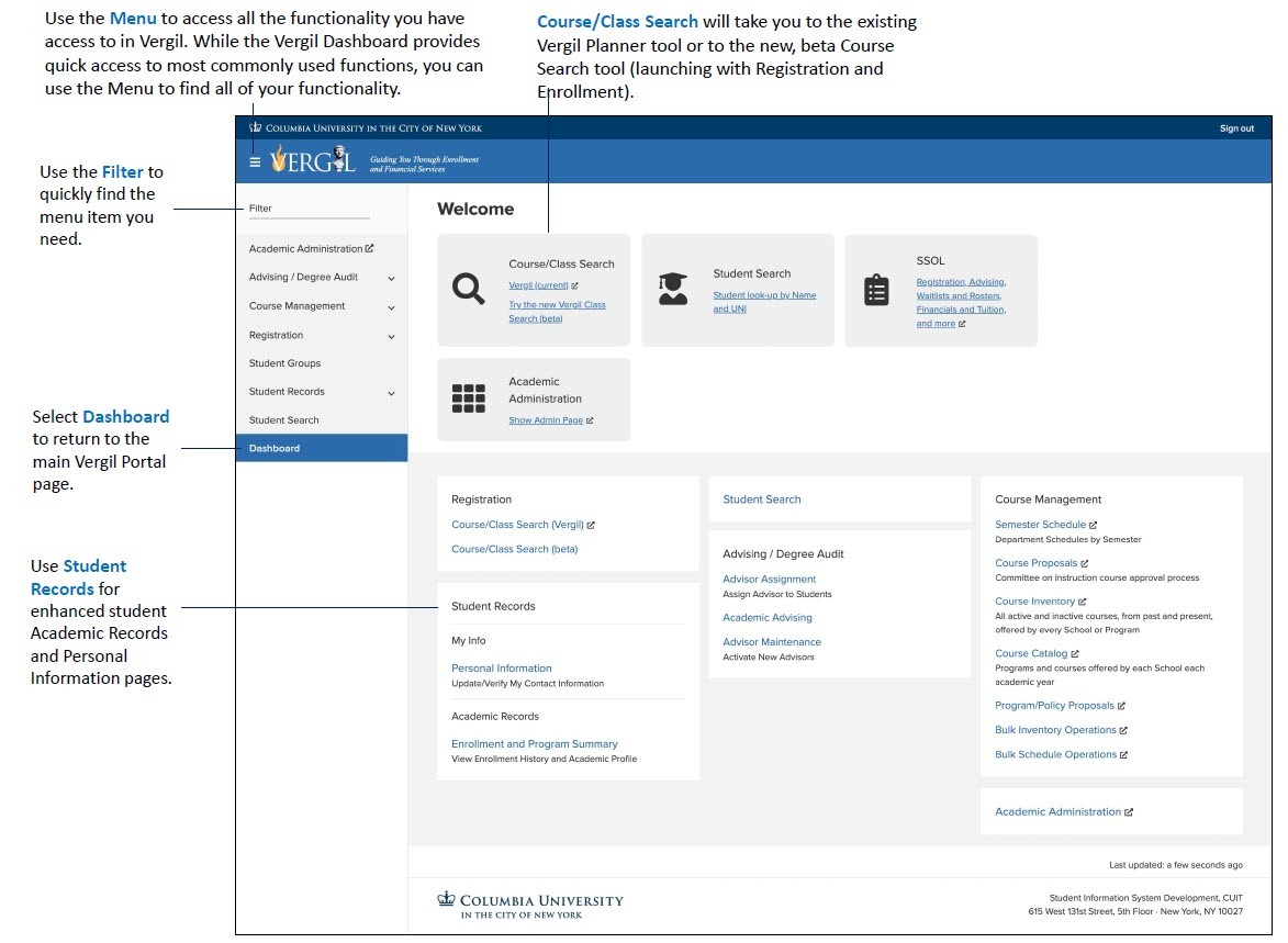 Administrative Dashboard and landing page for Vergil Student Information System. Shows links available to administrators.