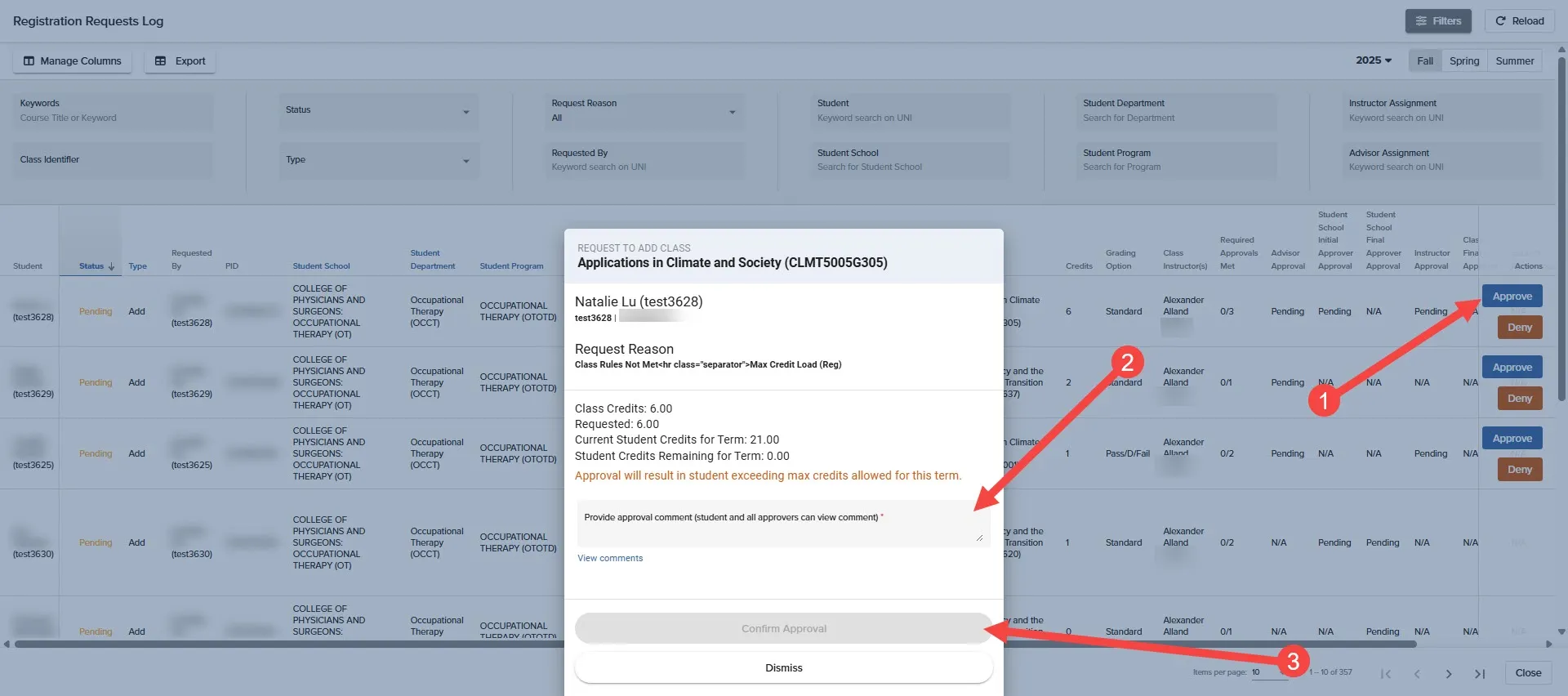 The Approve/Deny modal that becomes visible after clicking approve or deny