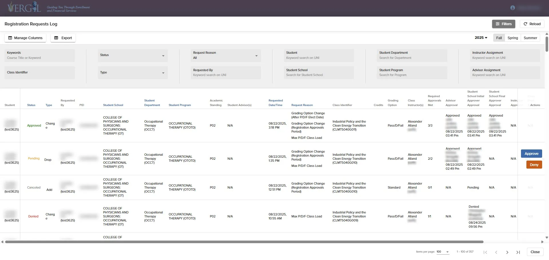 An image of the Registration Request Log displaying the filters, columns, and various types of registration requests
