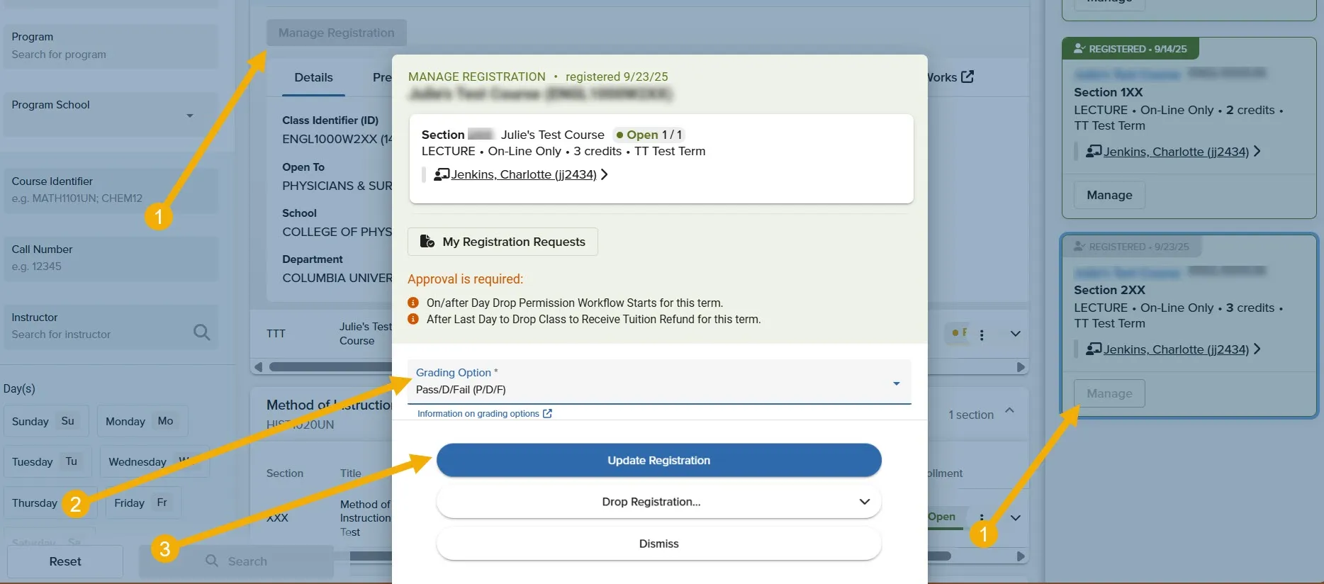 The Vergil Manage Registration Window where students can select to take a course as PF, PDF, or Standard. 