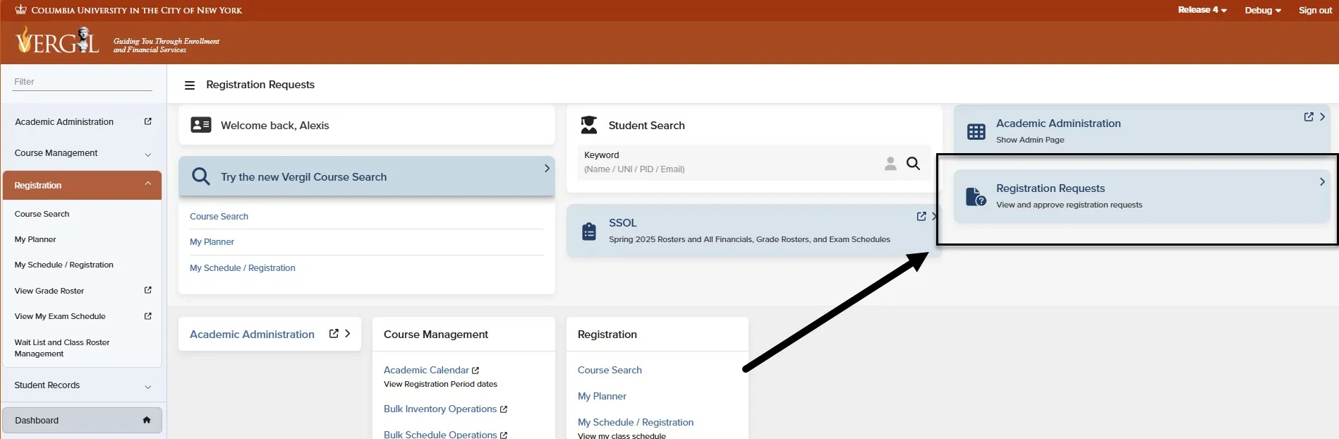 The Vergil Dashboard with an arrow and Black box highlighting the Registration Requests tile 