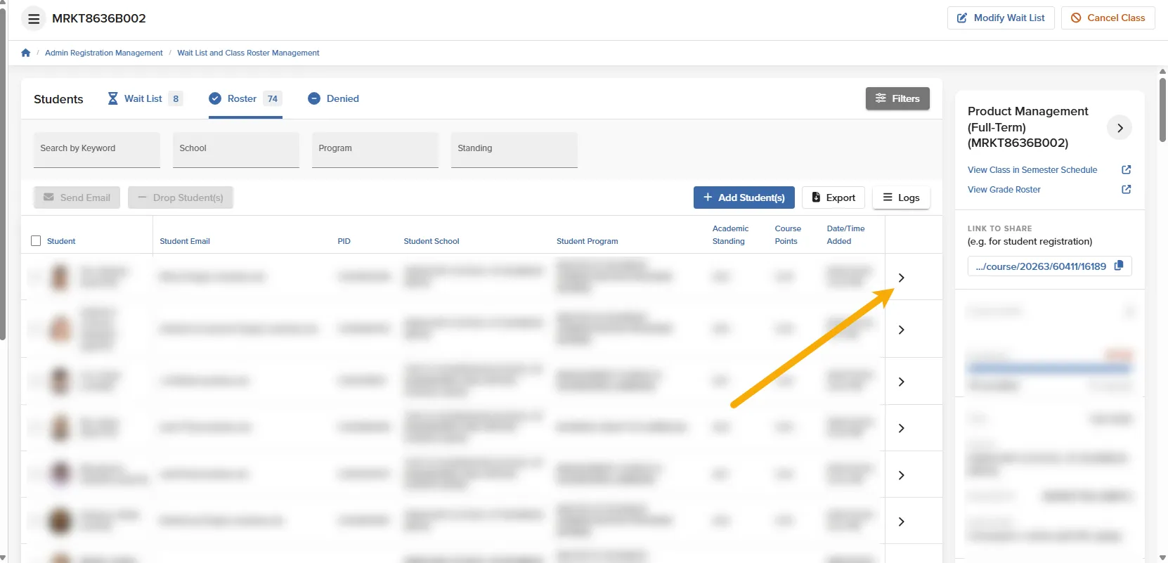 Click on this arrow to open the Student Academic Summary Panel