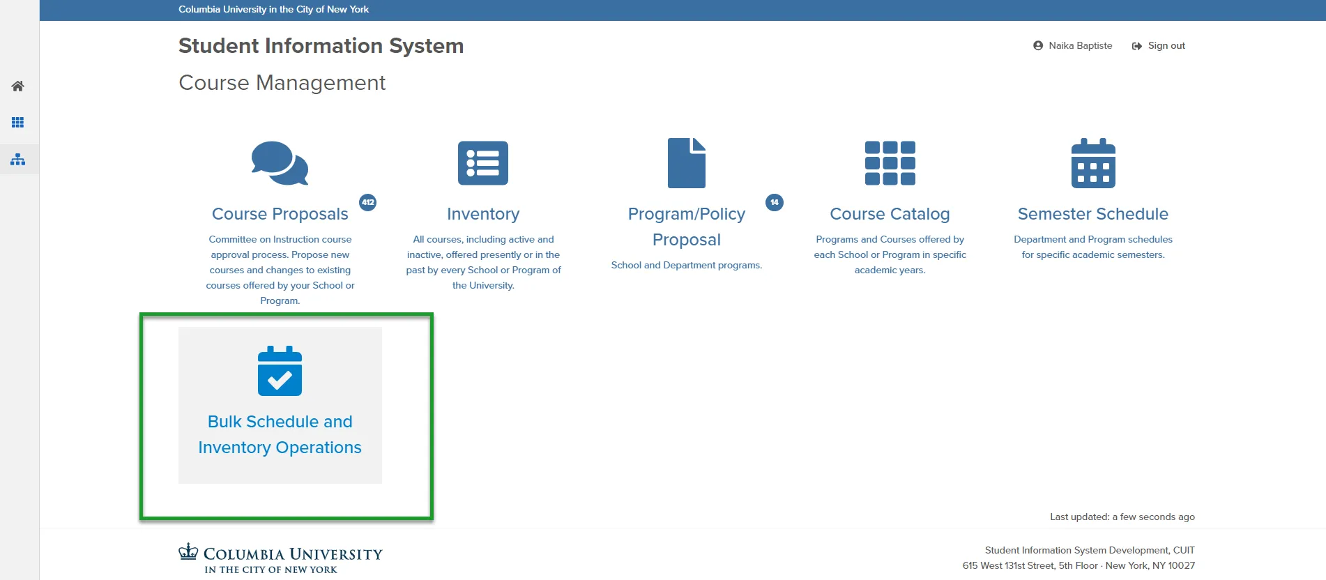 This image displays the Course Management Main Menu where Users are to select 'Bulk Schedule and Inventory Operations" to access the Bulk Upload page. 