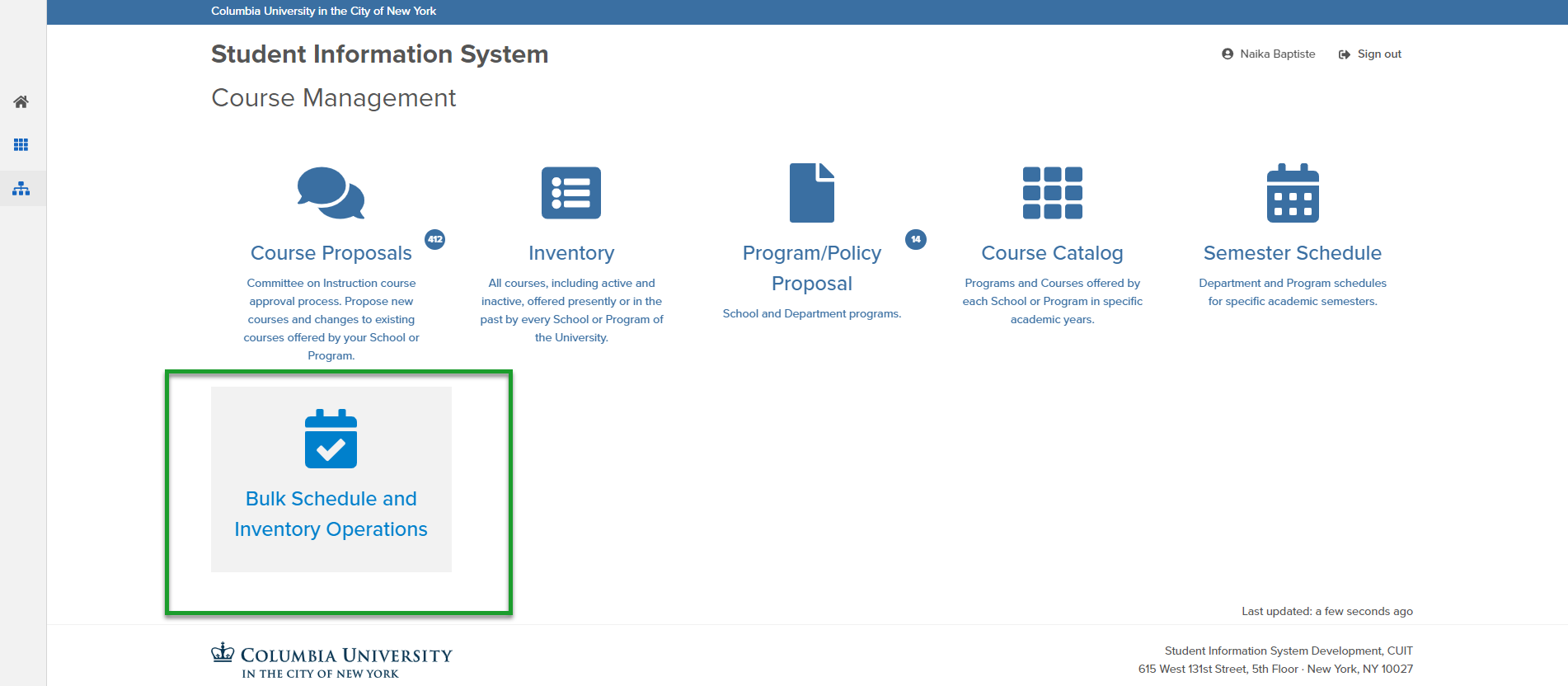 Step 1: "Bulk Schedule and Inventory Operations" This image displays the Course Management Main Menu where Users are to select 'Bulk Schedule and Inventory Operations" to access the Bulk Upload page.