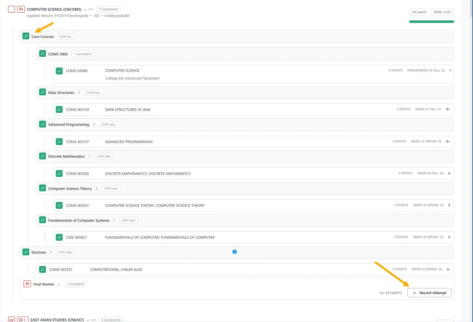 Image showing Final Review step on each major