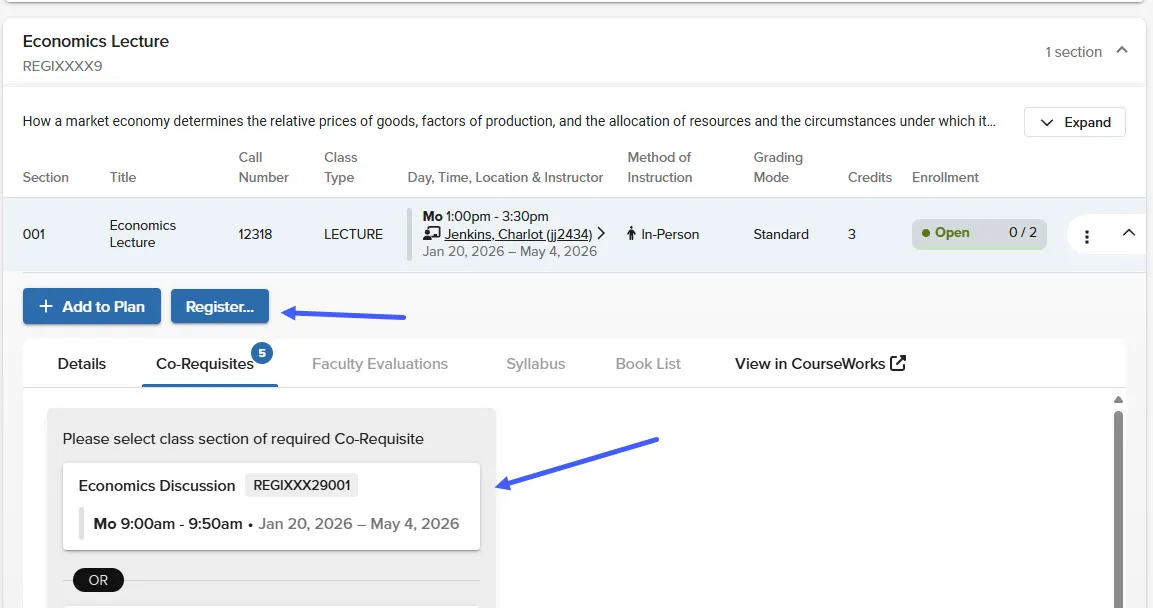 pic of student registration showing a corequisite