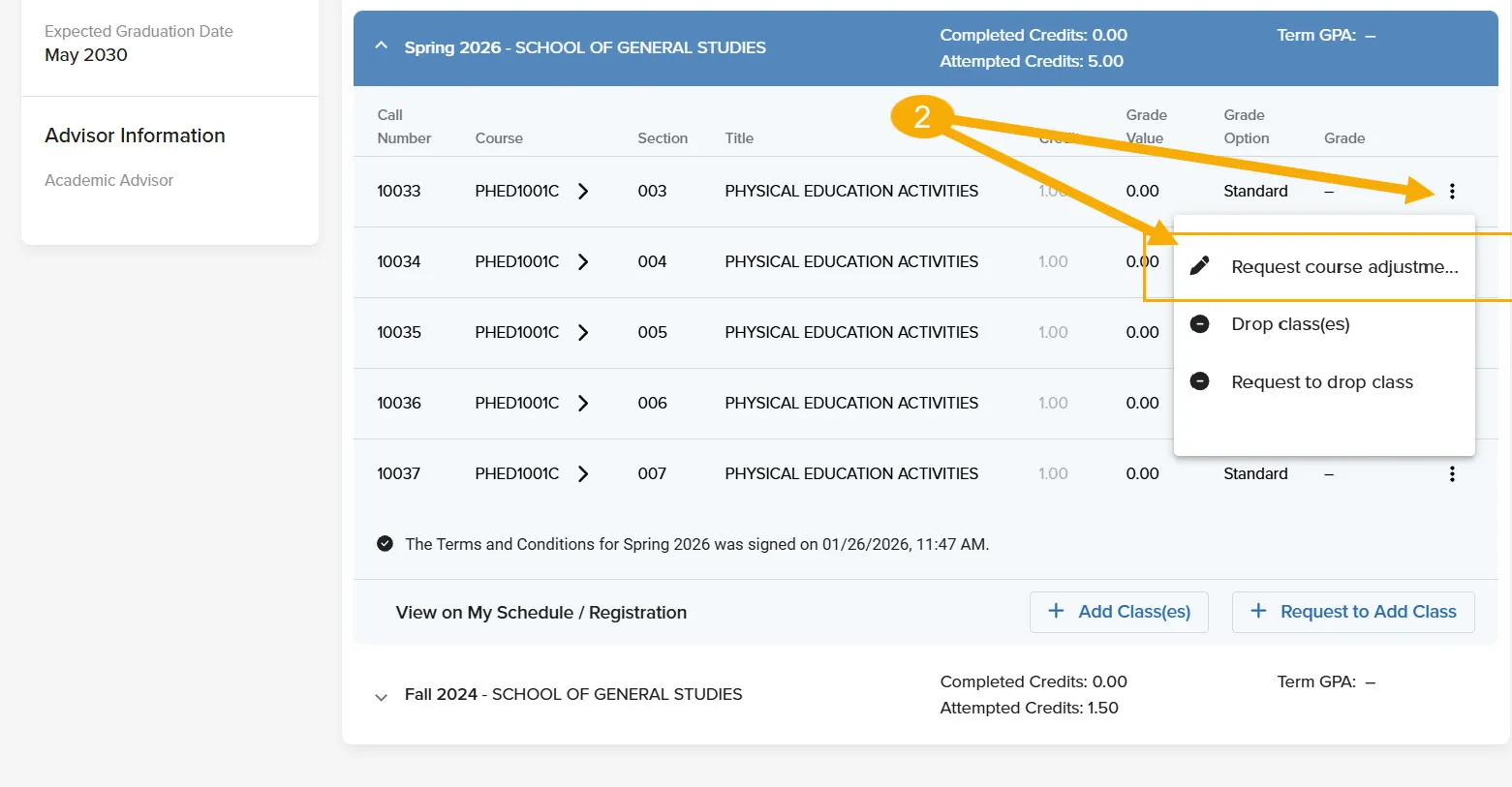 This image shows how to access the drop request button on the student Academic Record page. 