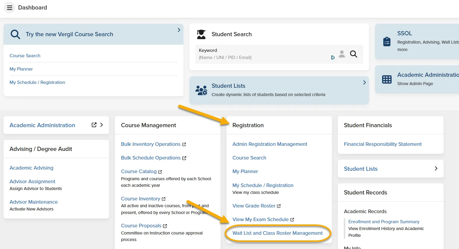 Vergil Dashboard with arrow to registration bucket