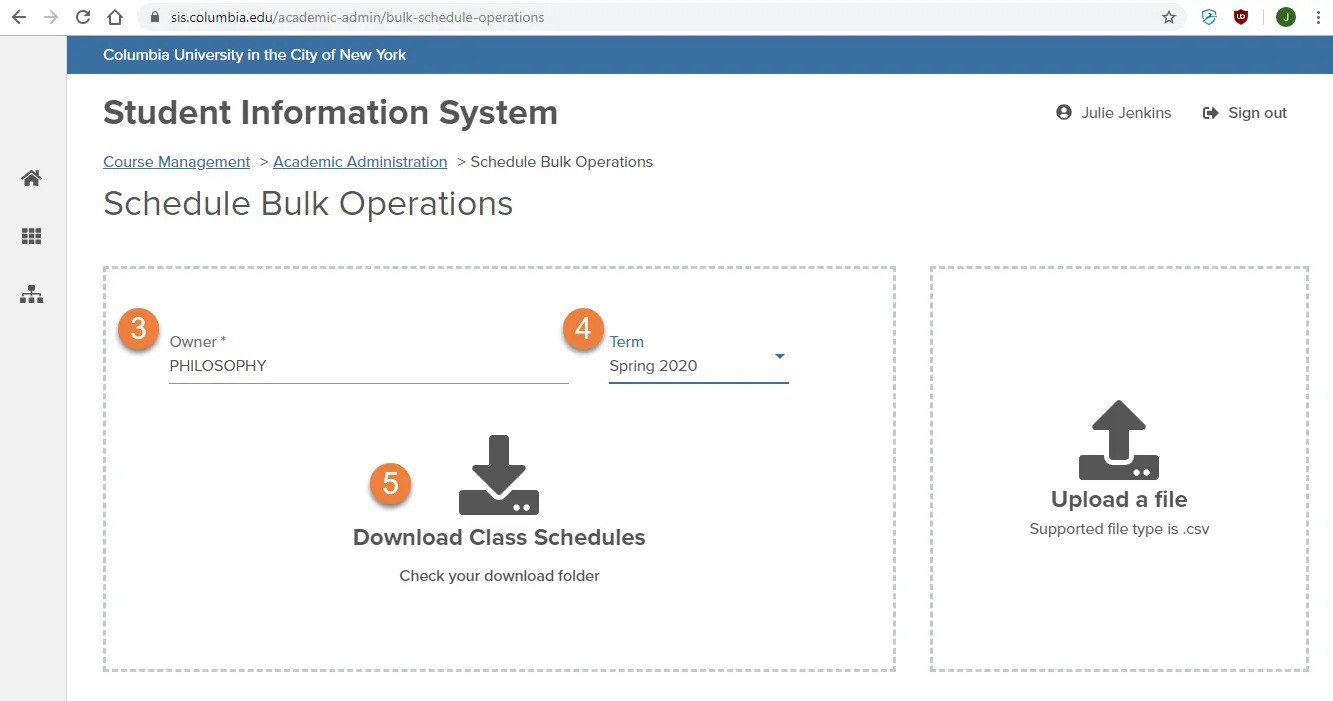 Image showing the steps to download a schedule. 3. select department, 4. select term, 5. click download class schedules