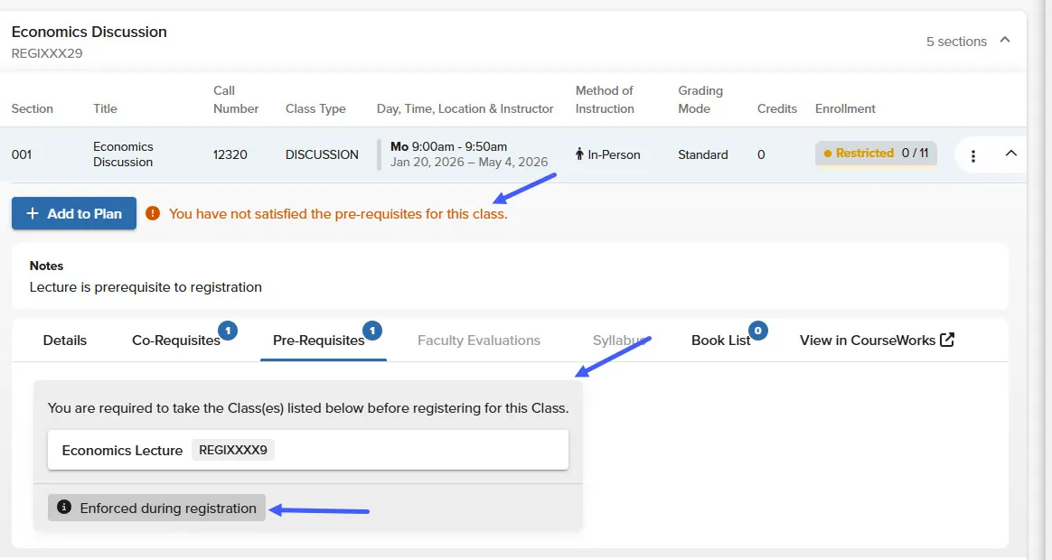 image of registration showing prerequisite not met
