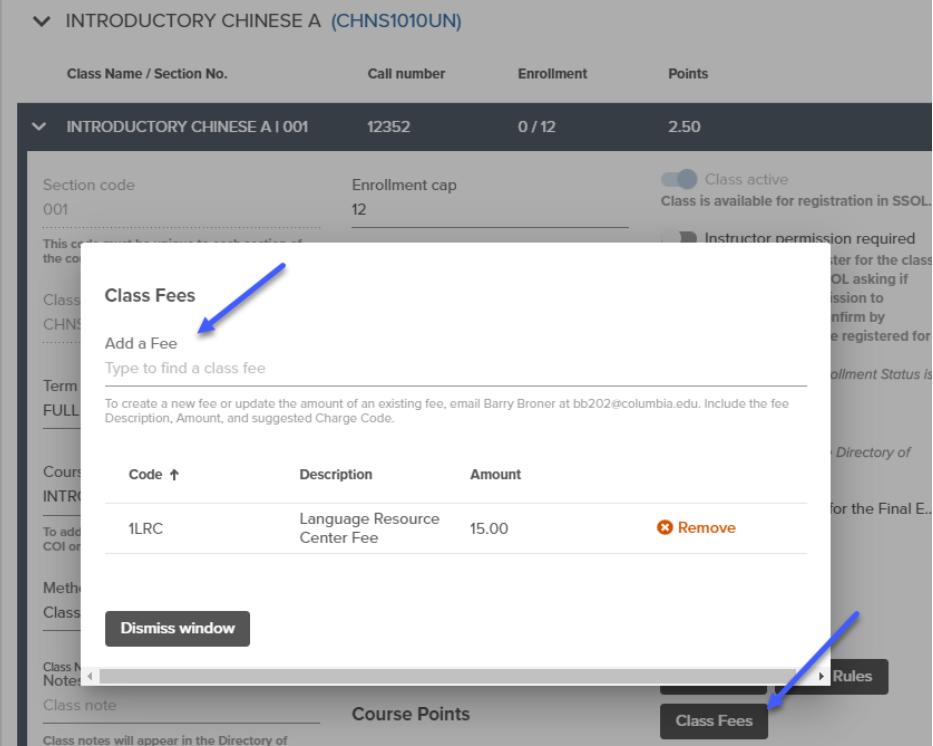 Shows the class fee popup widget and the Add a Fee look up option