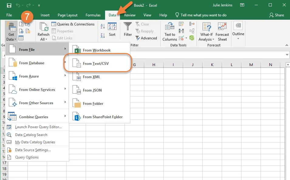 Shows how to import downloaded data into Excel. 7. click get data from file