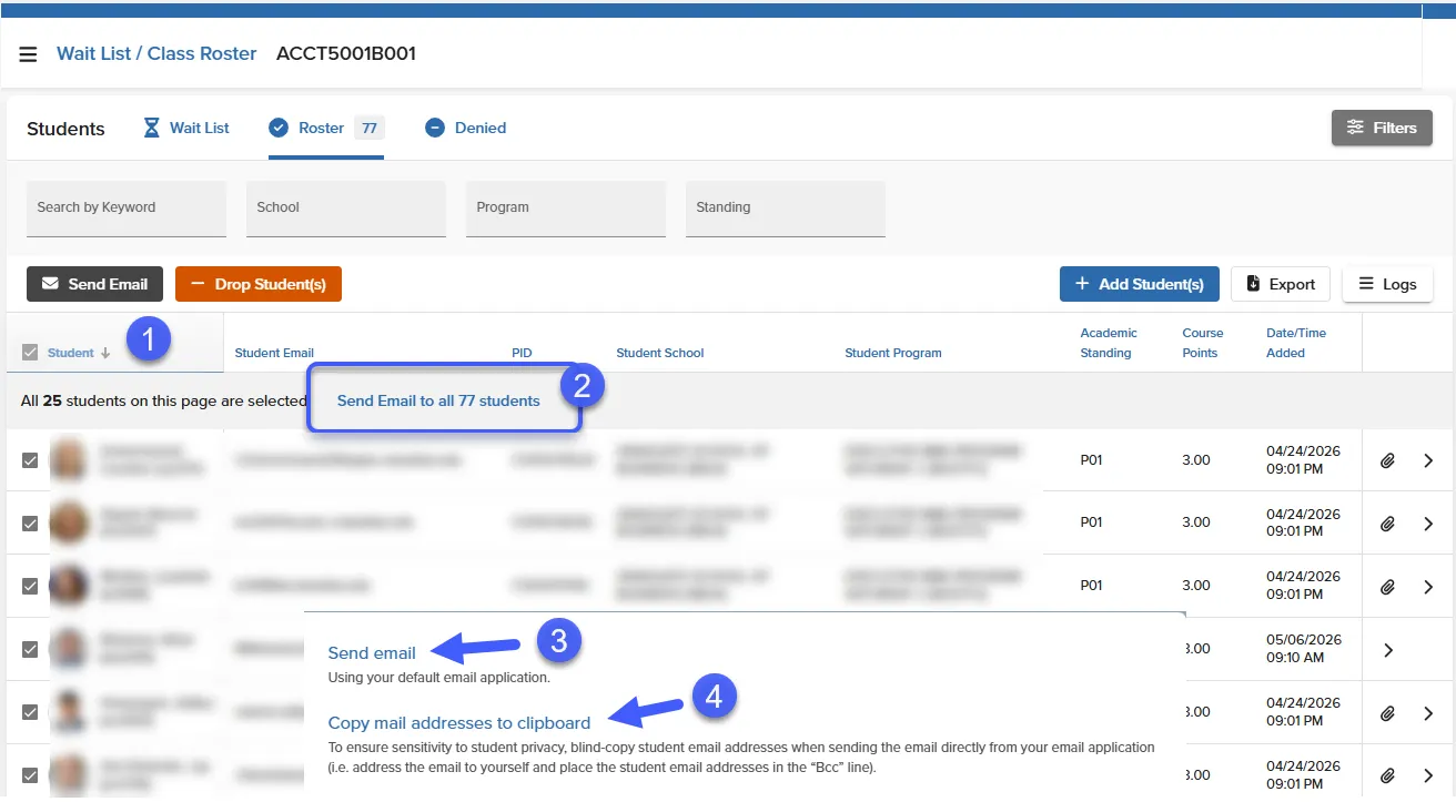 The available options to email all students on a course roster. 