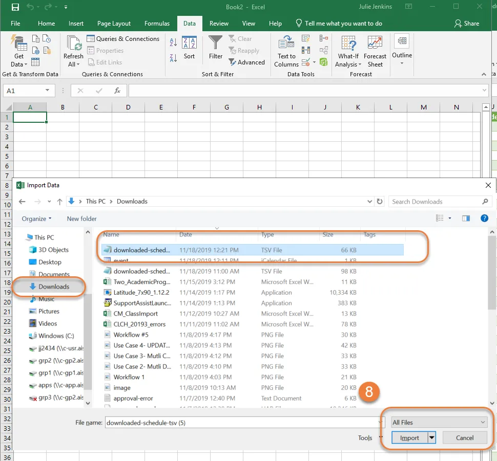 step 8, shows selecting file for import from the computer