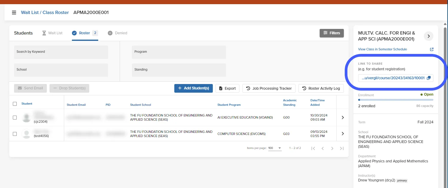 Image showing where to find a shareable link to a class from the class roster