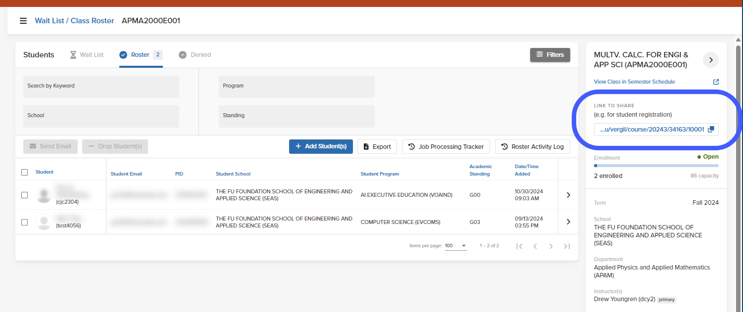 Image showing where to find a shareable link to a class from the class roster