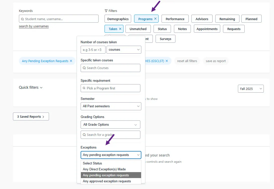 This image highlights the filters required to view Students with pending exceptions