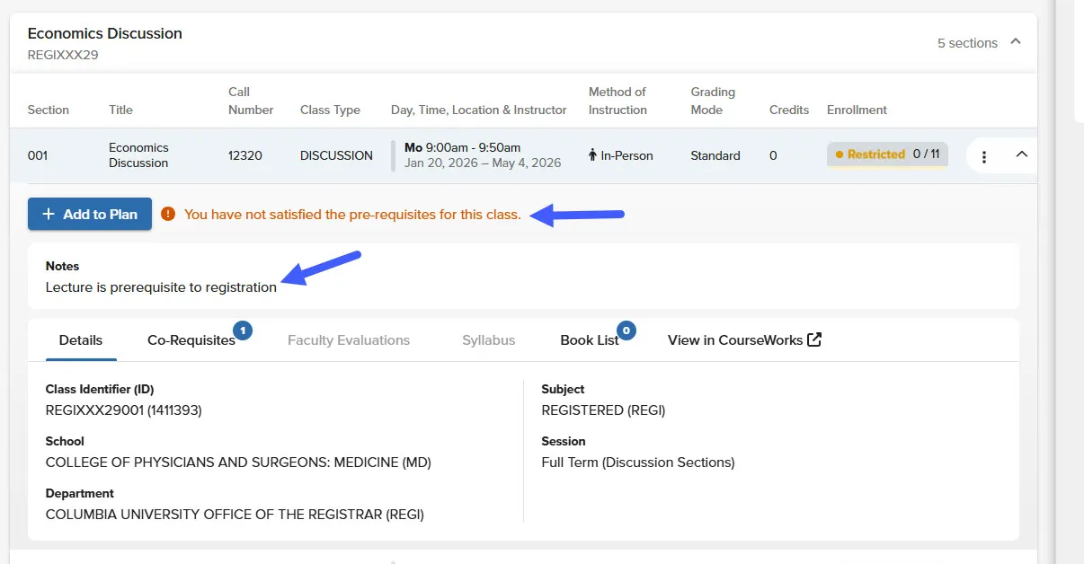image of student registration wtih prereq+