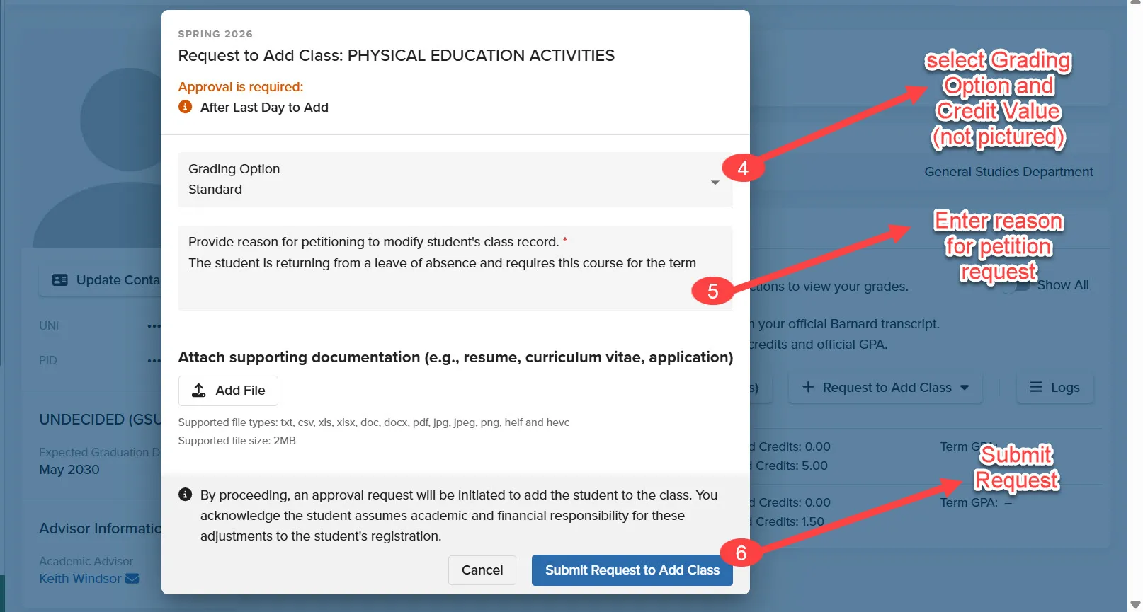 This is an image of the Add Petition window where admins can select the course grading option, credit value, and inclue relevant comments/files. 