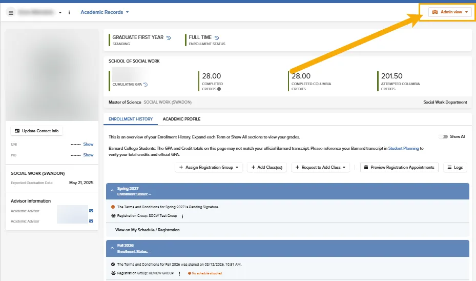 The Administrative View of the Student Academic Records Page 