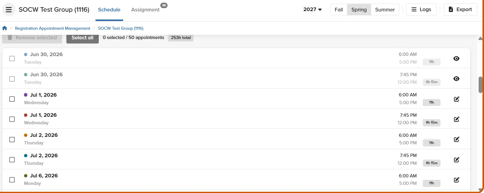 Viewing the Registration Appointment Time Slots within the Registration Appointment Management page. 
