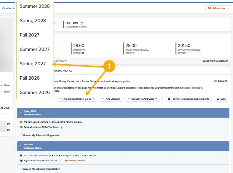 The steps to select a term to add a registration group to a student's record 