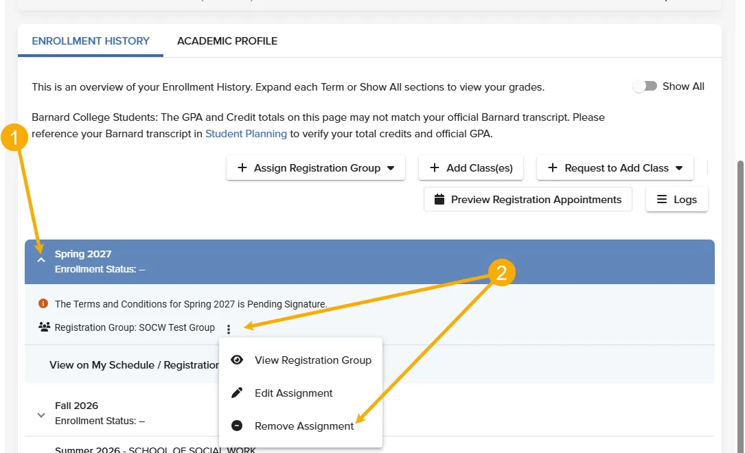 the initial steps to remove a student's registration group 
