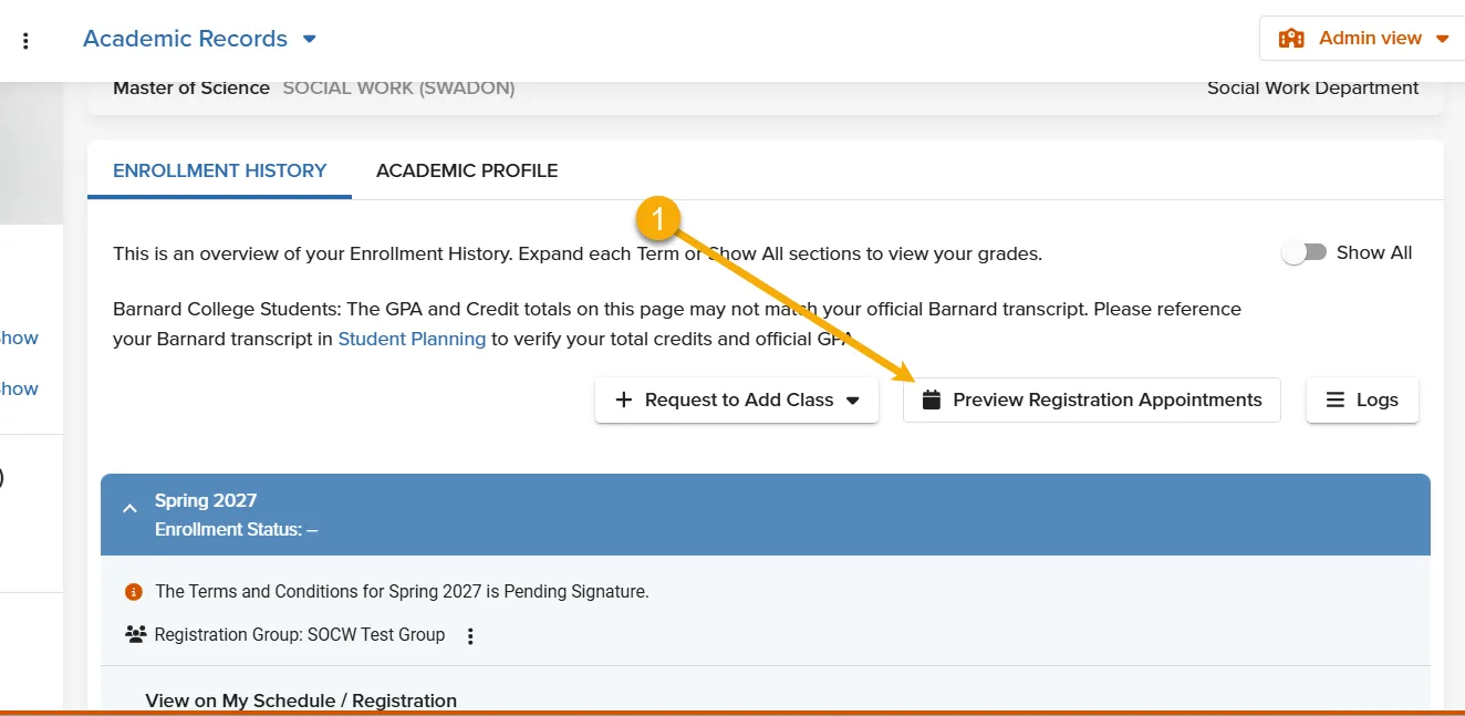 Select 'Preview Registration Appointment'