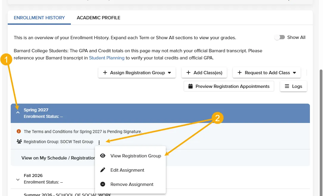 Viewing Registration Group Schedule via the Registration Appointment Management page 