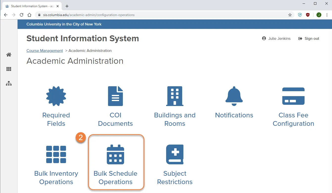 Shows the bulk schedule operations tab circled. This option is found under Academic Administration. 