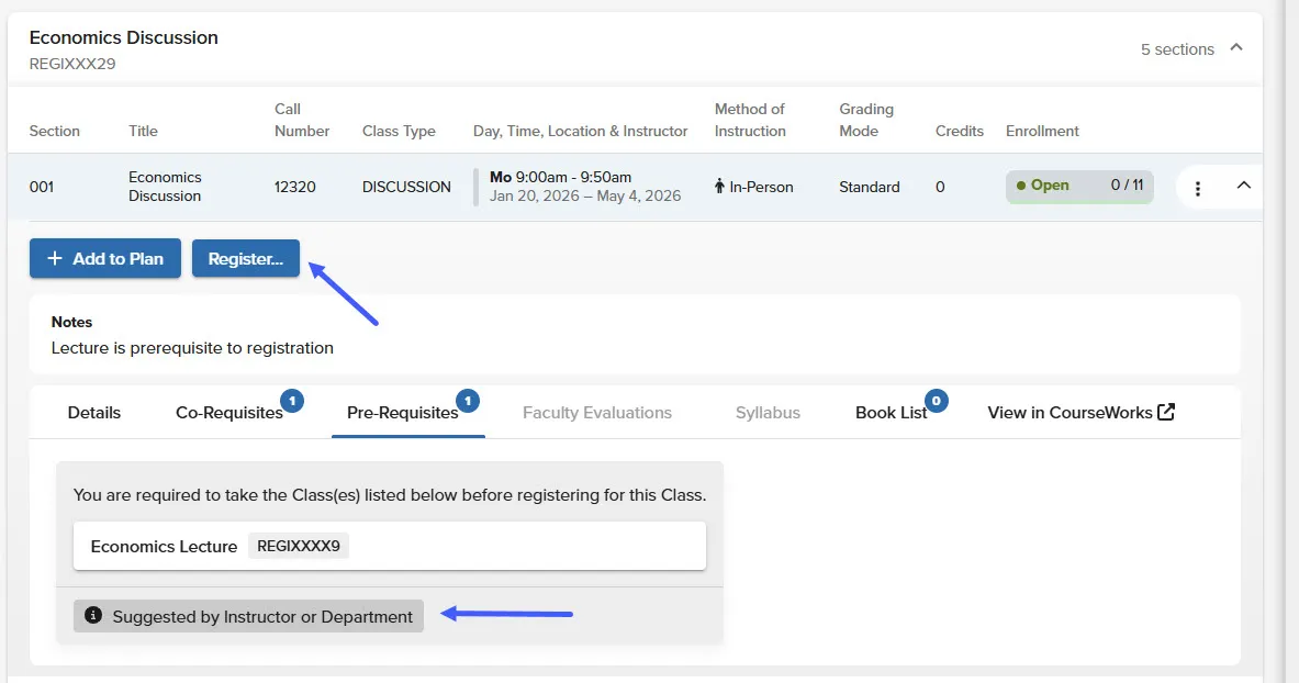 image of registration showing prerequisite not met